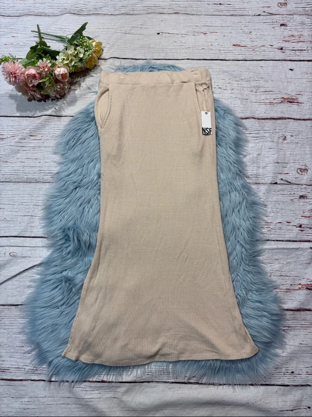 NWT NSF Cream Ribbed Side Slit Maxi Skirt